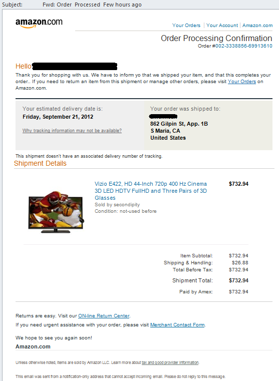 Phishing email trying to lure you to click a link to check on a purchase you did not make