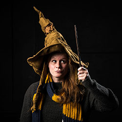 student wearing Harry Potter sorting hat