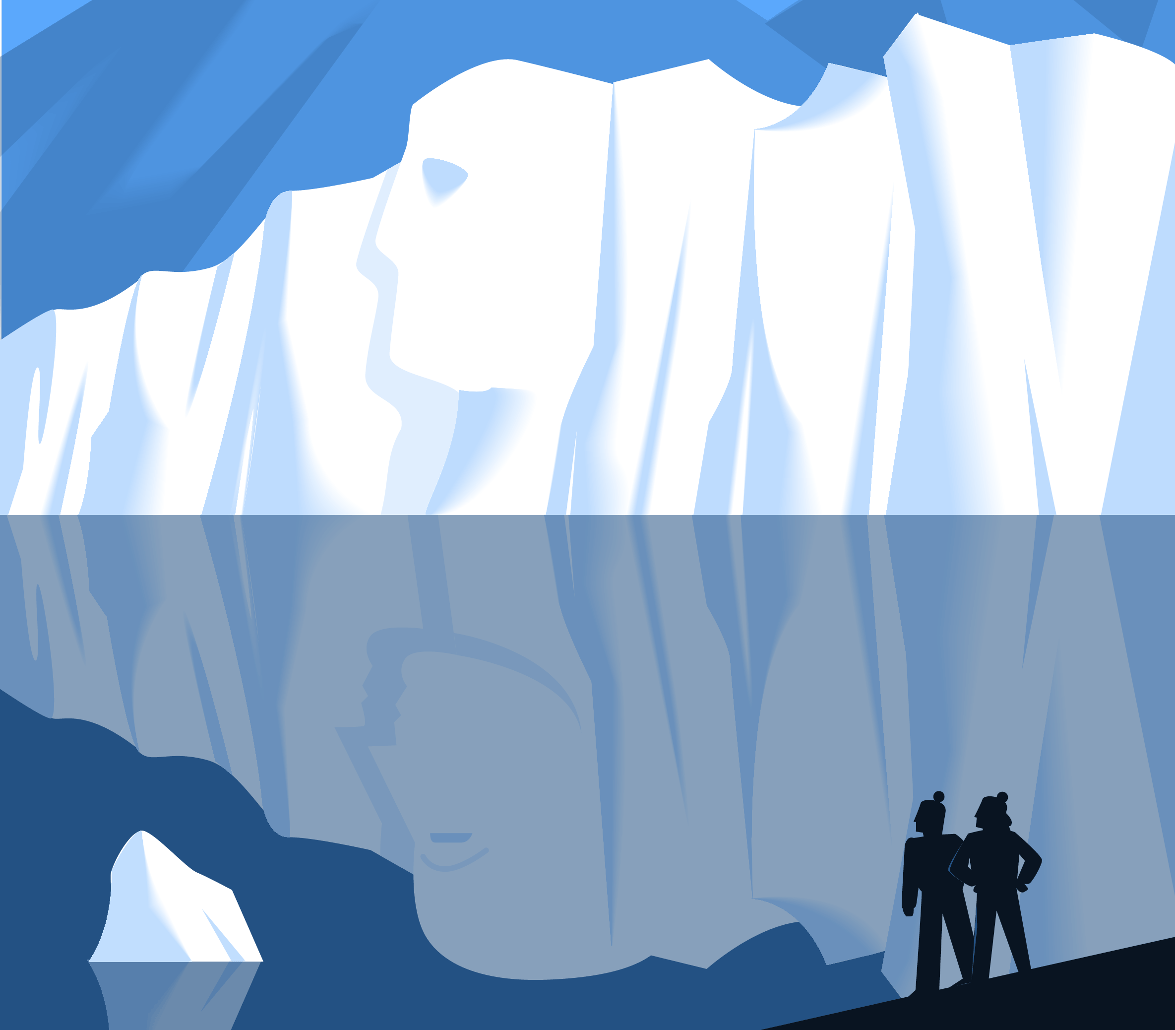 animated gif of two figures pointing at a large iceberg, and the iceberg contains an image of a face