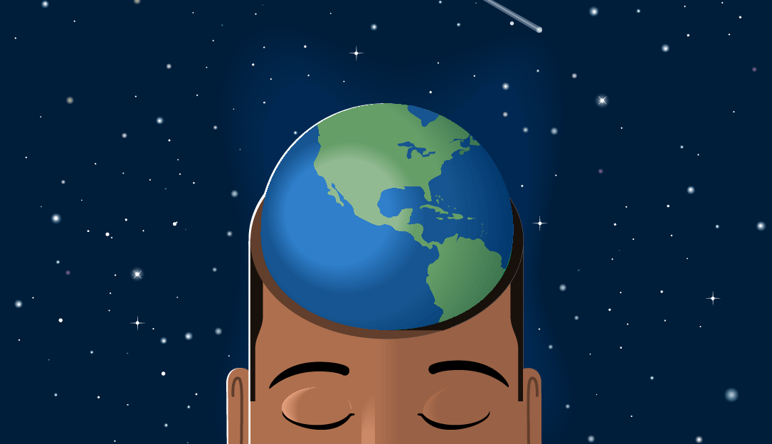 animated gif shows a man with a globe in place of a brain standing in front of a twinkling star sky