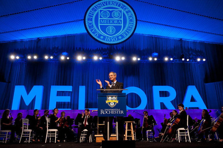 Joel Seligman at podium during Meliora Weekend