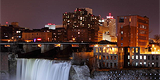waterfall and city