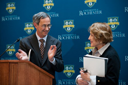 Louise Slaughter with President Joel Seligman and Provost Ralph Kuncl