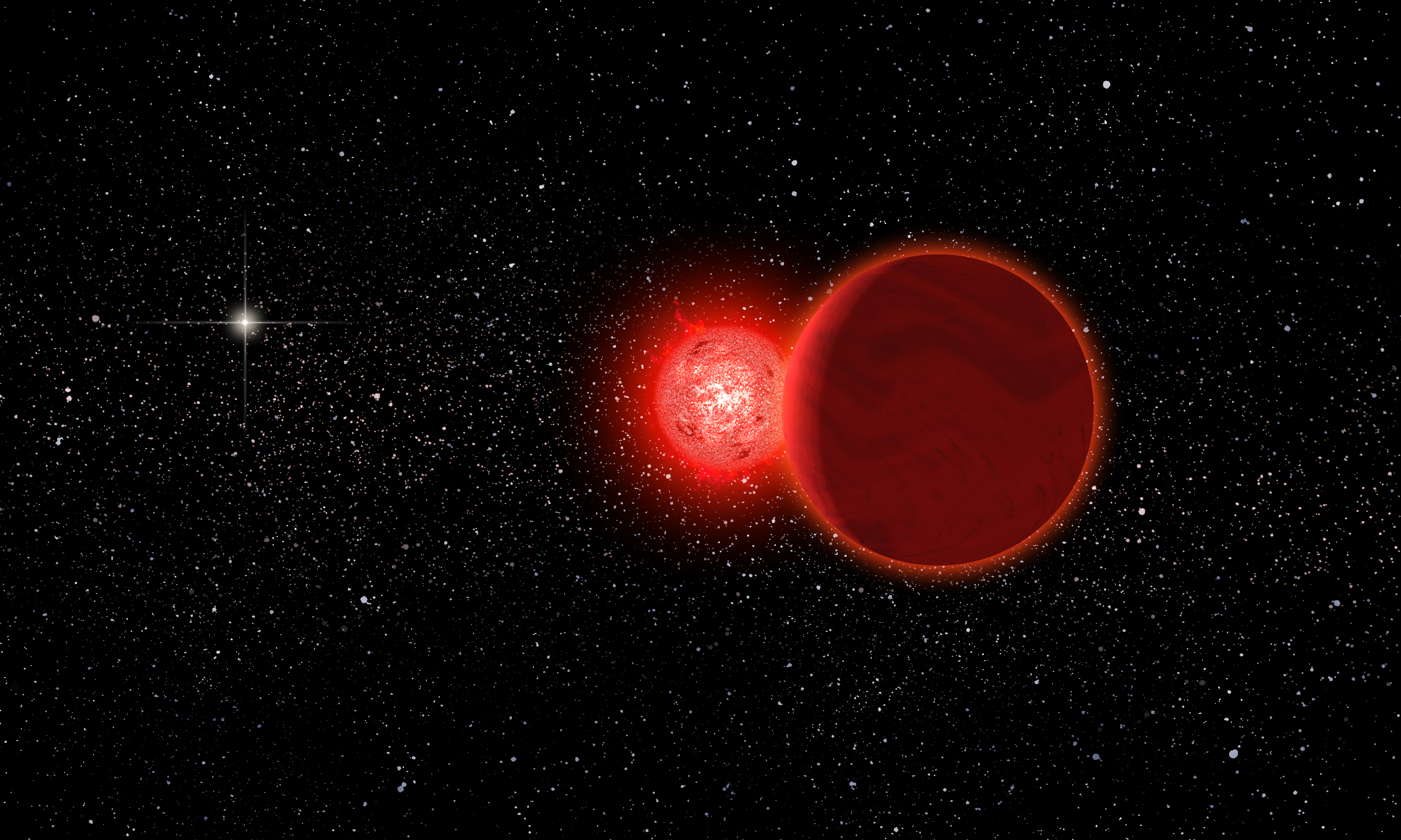Artist's conception of Scholz's star and its brown dwarf companion (foreground) during its flyby of the solar system 70,000 years ago. The Sun (left, background) would have appeared as a brilliant star. The pair is now about 20 light years away. Credit: Michael Osadciw/University of Rochester.