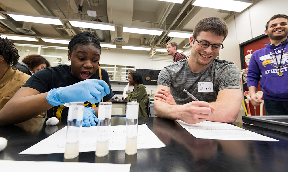 students smiling in surprise while working for fruit flies in test tubes
