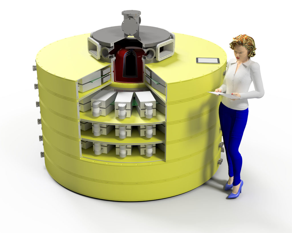 artist rendering of a cylindric high-density capacitor, with a person standing shoulder height to it, for scale.