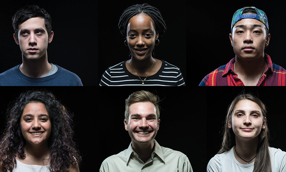 collage of six people making six different exaggerated facial expressions