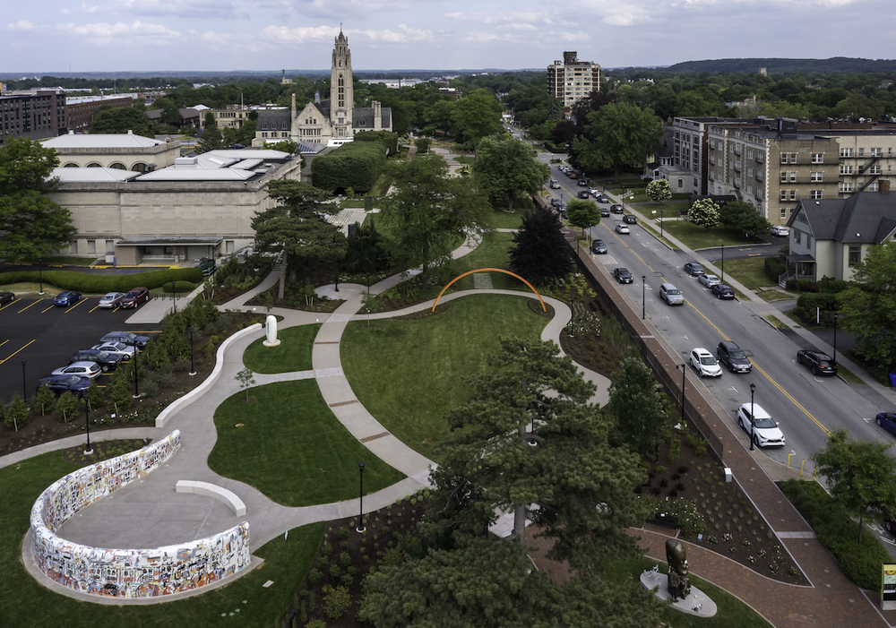 Aerial view of sculpture park in downtown Rochester