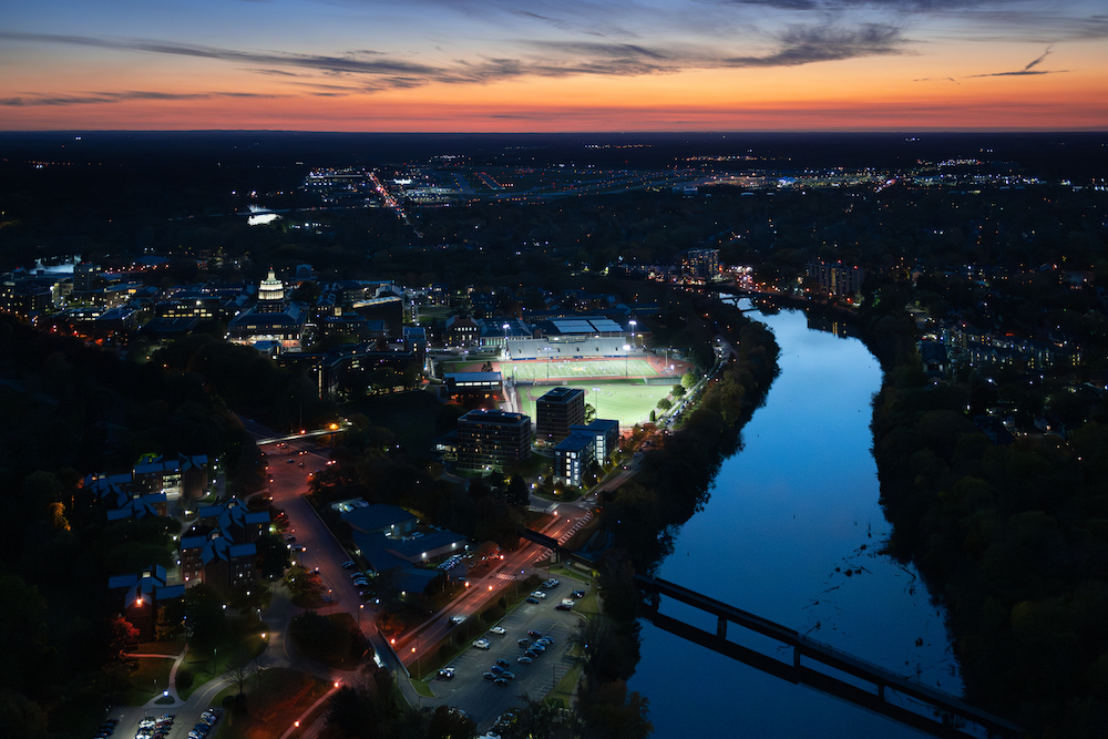 Sunset and twilight aerial photography of the University of Rochester