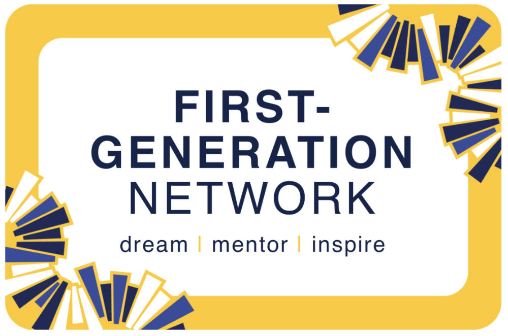 Artwork for the First-Generation Network shows the organization's name along with the words "dream, mentor, inspire" in a hello frame with blue, white, and yellow celebratory tassels in two of the corners. 