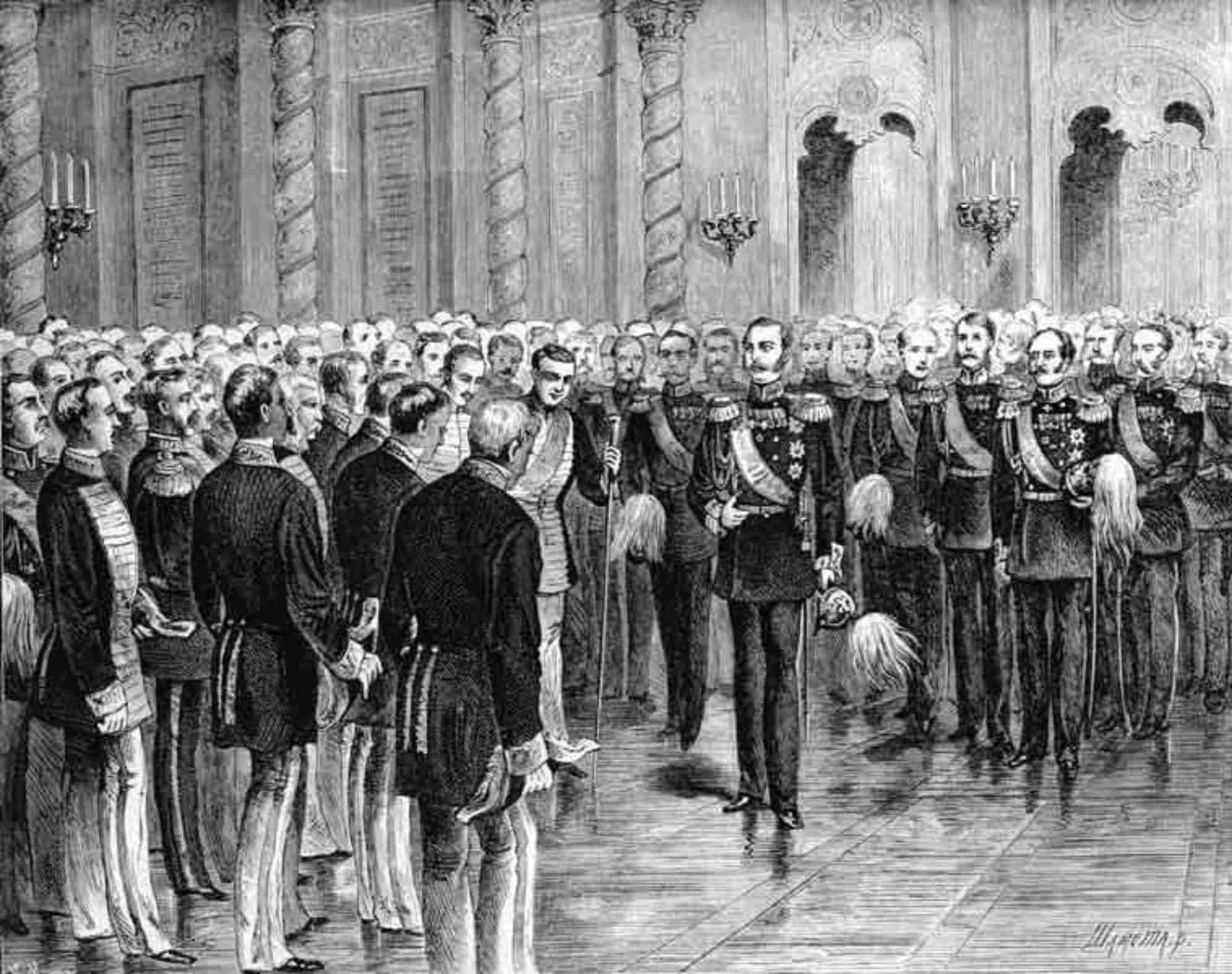 Engraving Alexander II surrounded by the Moscow noblemen to begin liberation of peasantry in 1857, as a result of opposition movements.