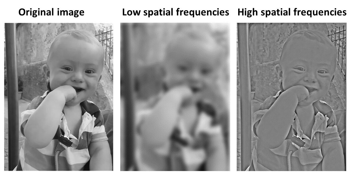 Three images of the same view of a baby. The first is labeled ORIGINAL IMAGE and looks sharp and clear. The second is labeled LOW SPATIAL FREQUENCY and is blurred. The third is label HIGH SPATIAL FREQUENCY and is sharp but very greyed out and low contrast. 