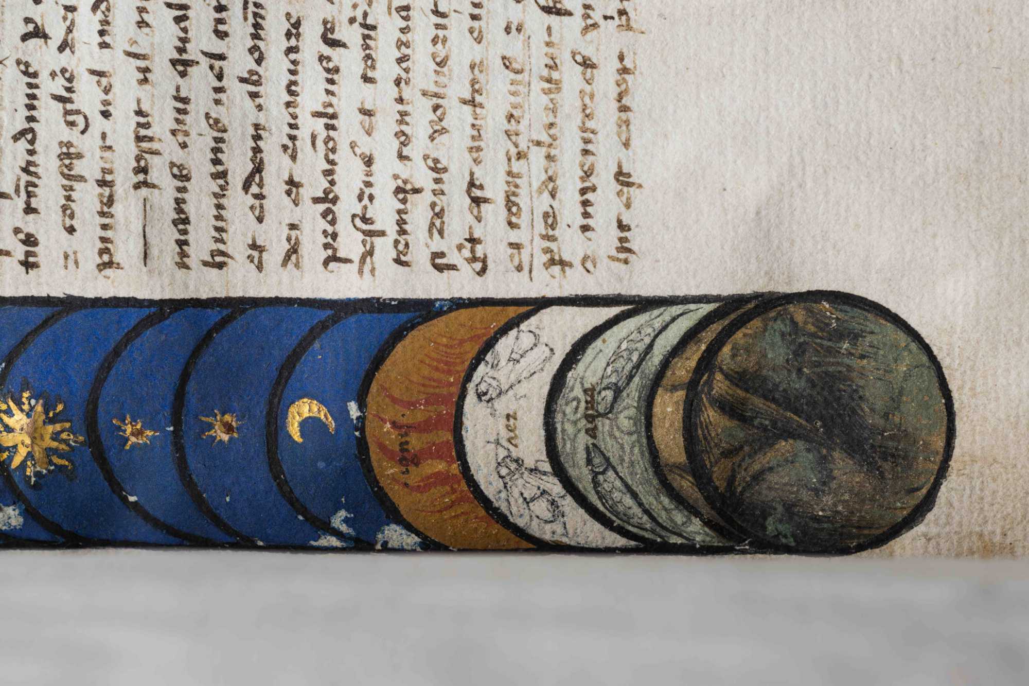Close-up of the illumination on the first page of the medieval text "De universo" depicting the elements of earth, water, wind, and fire.