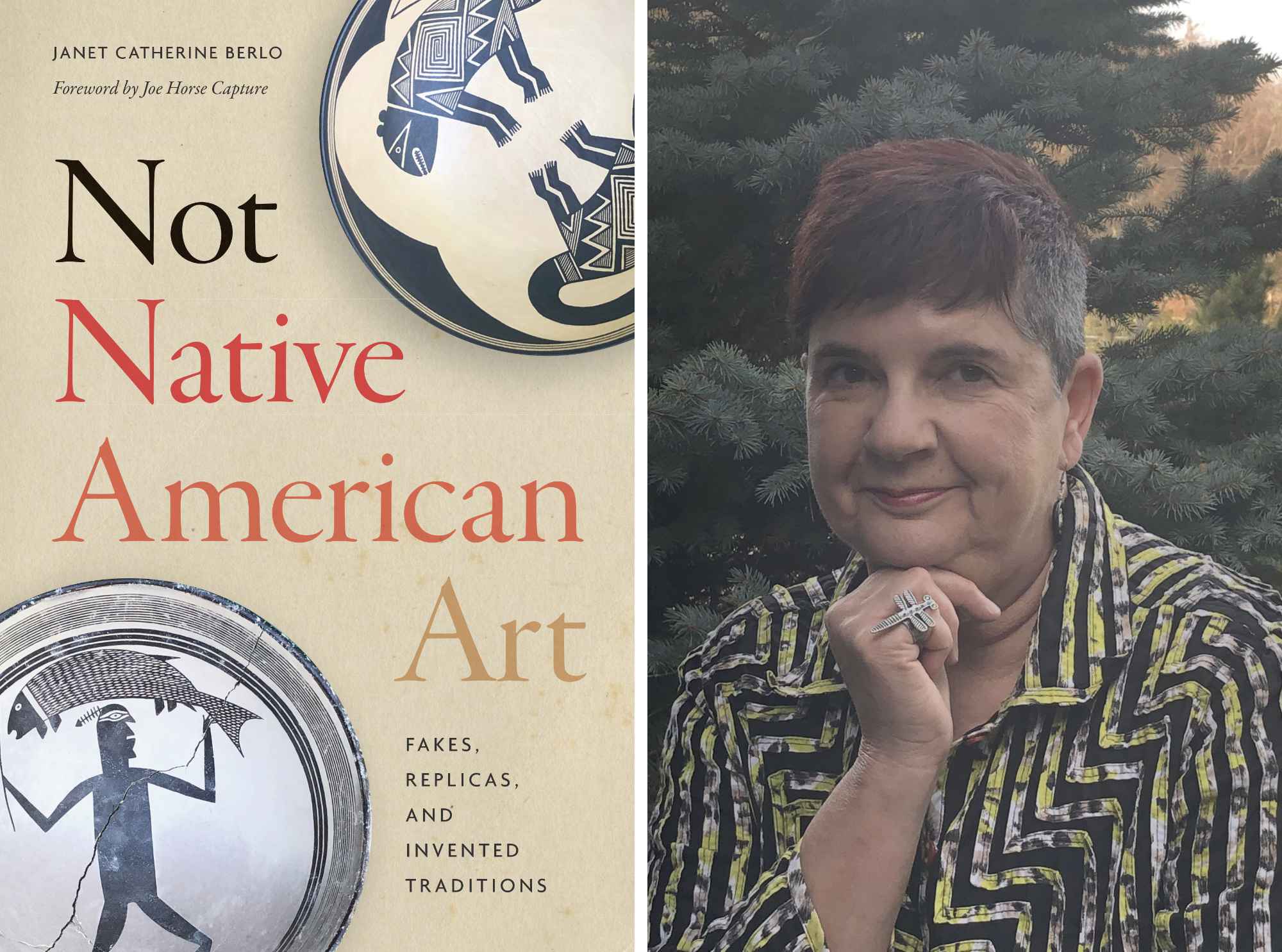 Diptych featuring the book cover art for Not Native American Art and a headshot of author Janet Berlo.