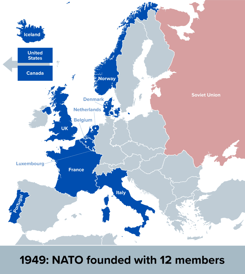 GIF showing a map of NATO countries being added to the alliance from its founding in 1949 to 2024. 
