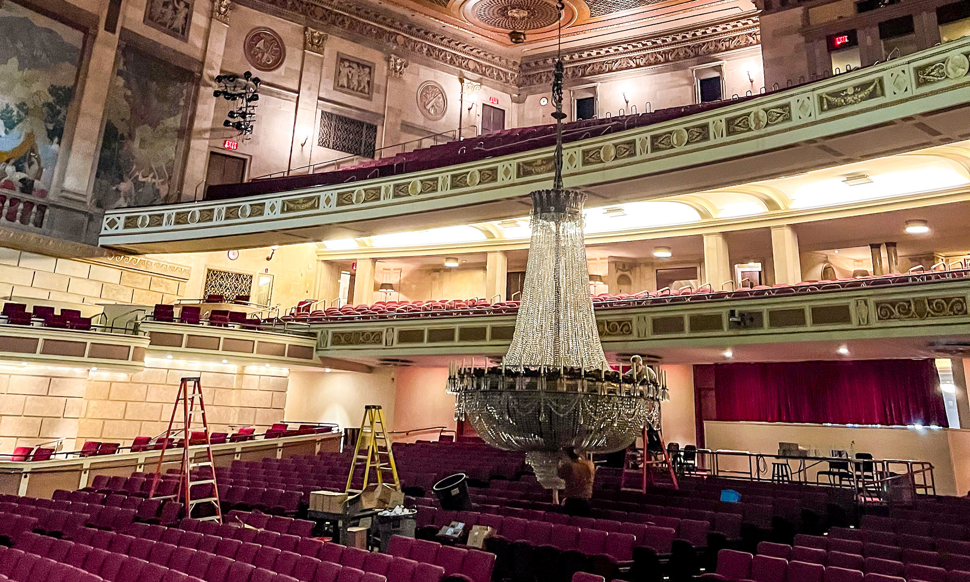 Kodak Hall chandelier in the process of being cleaned