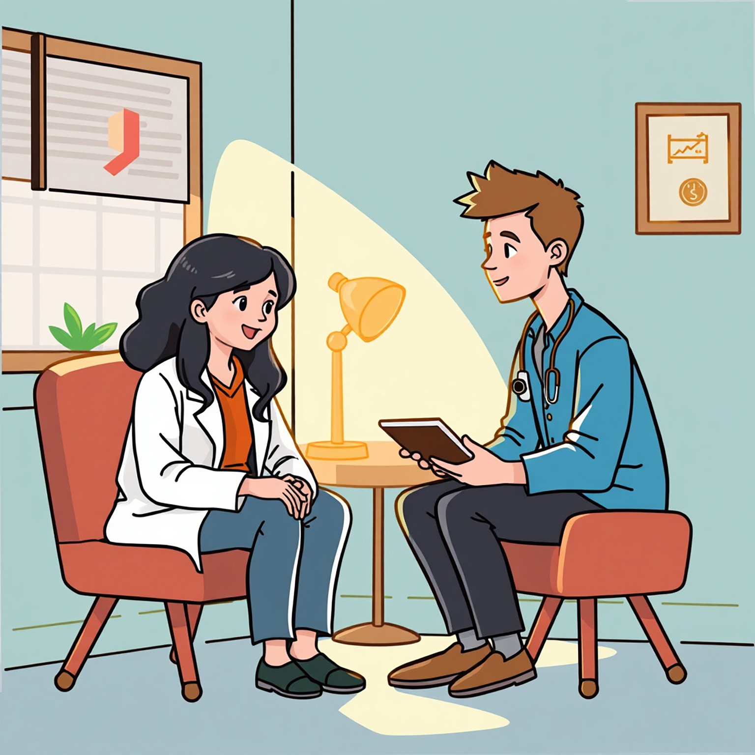 AI-generated illustration of a young woman in a doctor's office speaking to a young doctor.