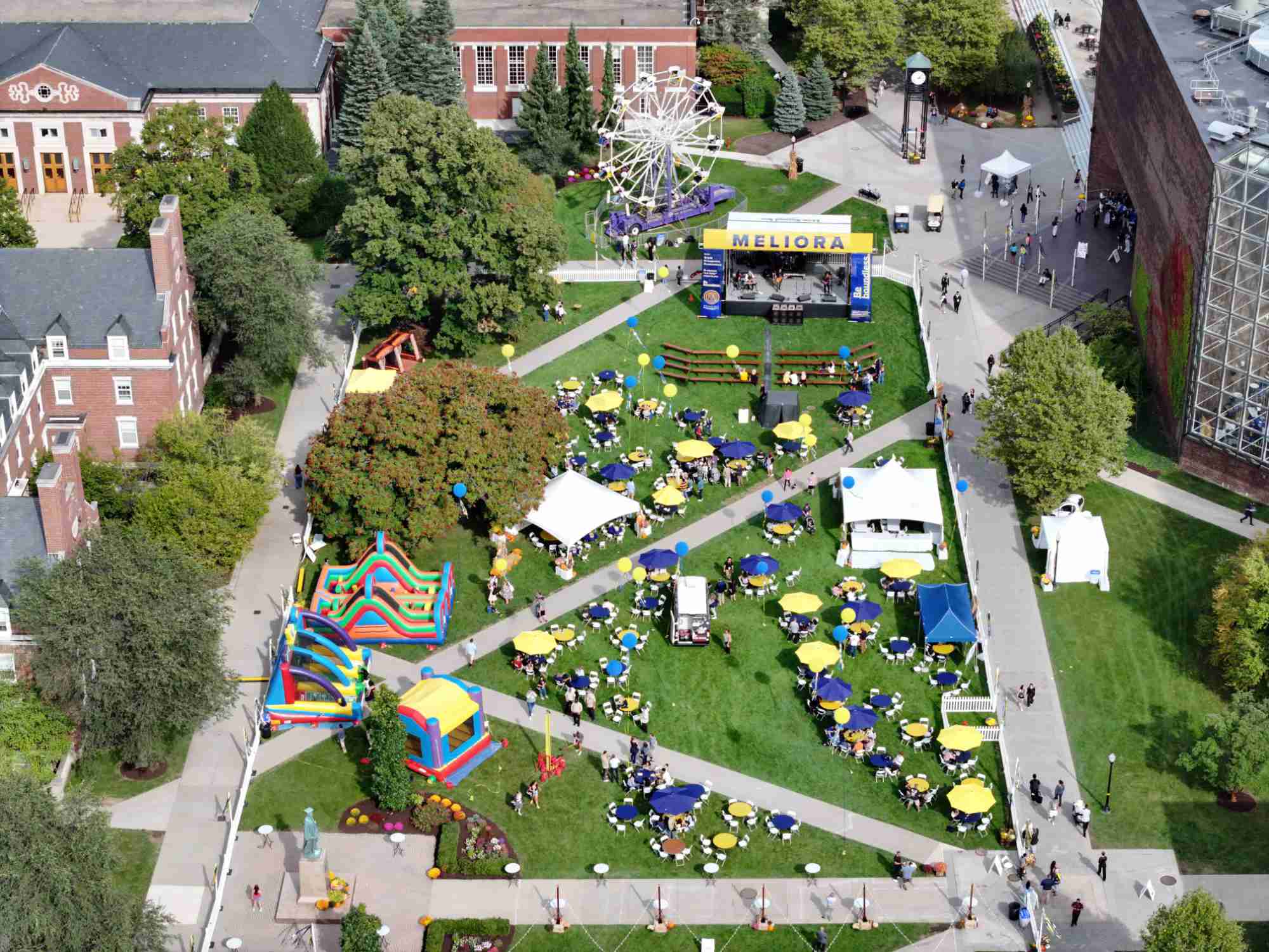 Aerial view of Meliora Village on the Wilson Quad during Meliora Weekend 2024.