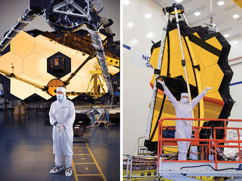 Two photos side-by-side of people in white clean suits and masks standing in front of the gold mirror of the James Webb Space Telescope.