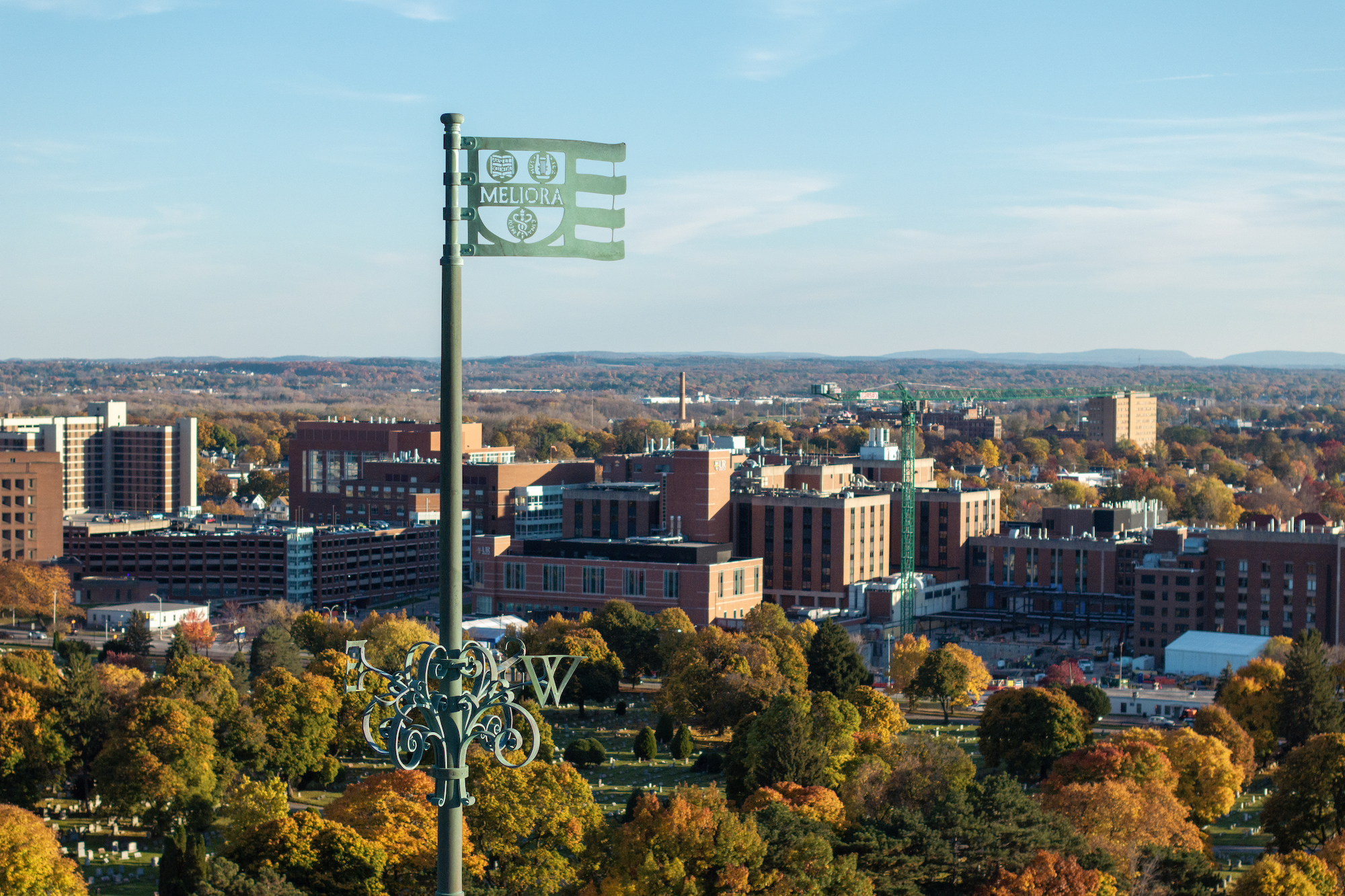 Drone view of the Meliora weathervane on top of Rush Rhees Library