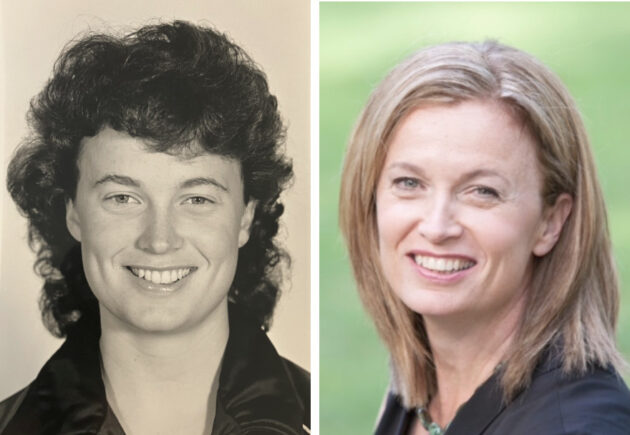 Diptych featuring headshots of Karen Durkin, one from her college varsity basketball days and one from circa 2024.
