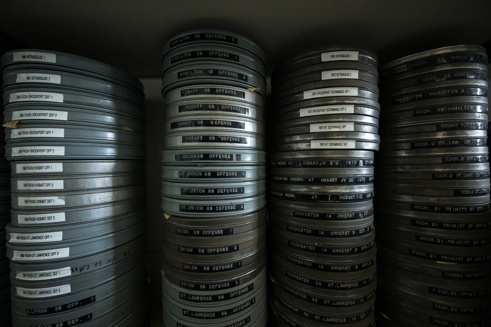 Stacks of 16-mm film canisters.