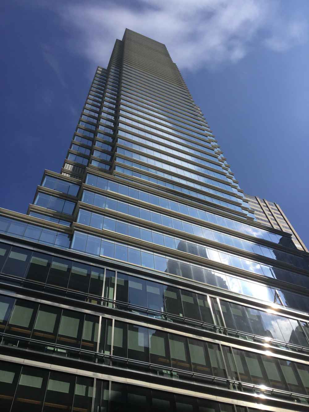 Low-angle view of Bloomberg Tower in Manhattan.