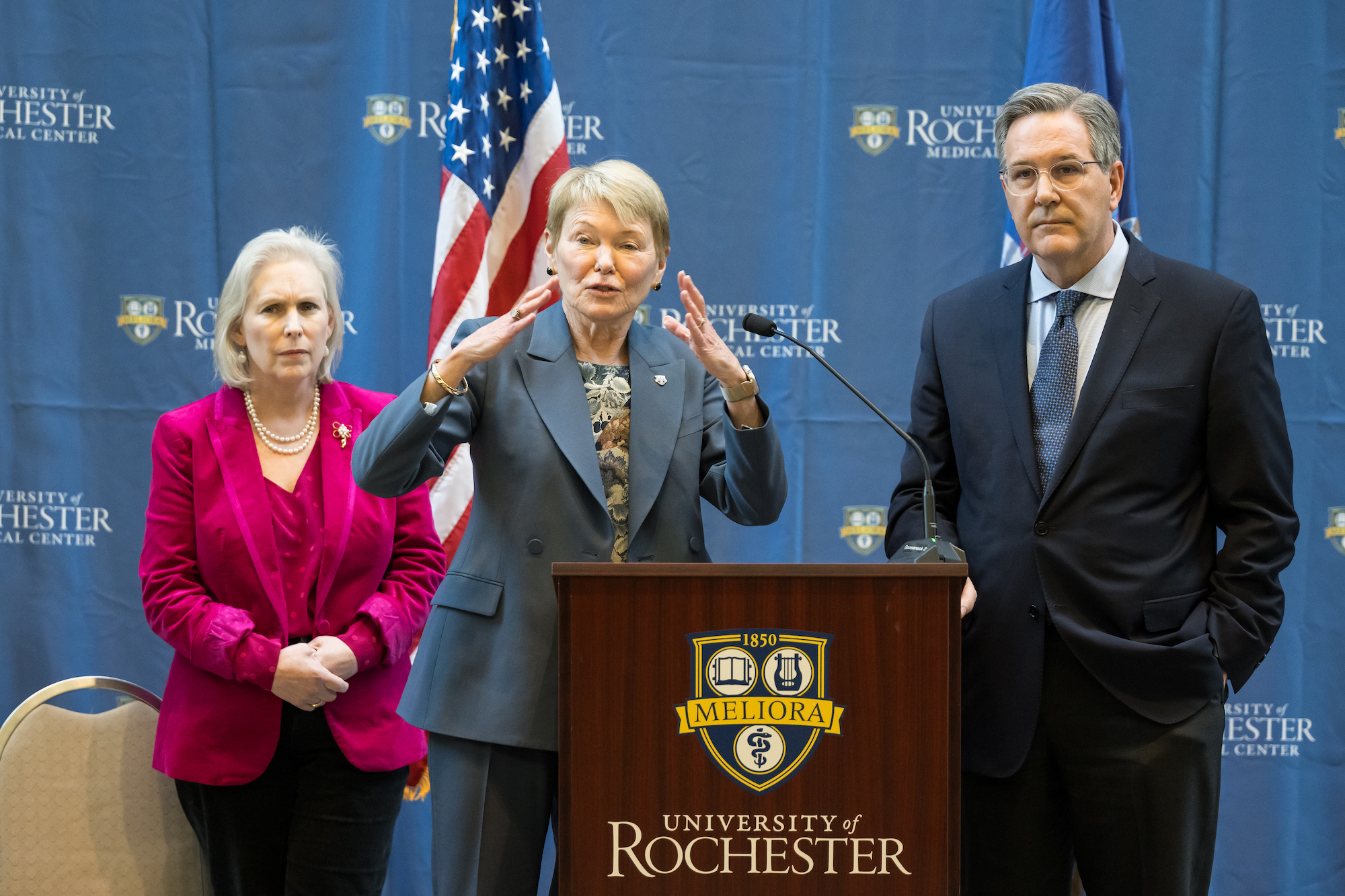 Senator Kirsten Gillibrand, University of Rochester president Sarah Mangelsdorf, and CEO of the University of Rochester Medical Center David Linehan at a press conference.