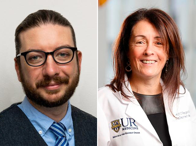 Side-by-side portraits of two University of Rochester faculty members, one in a suit and tie, the other in a UR Medicine lab coat.