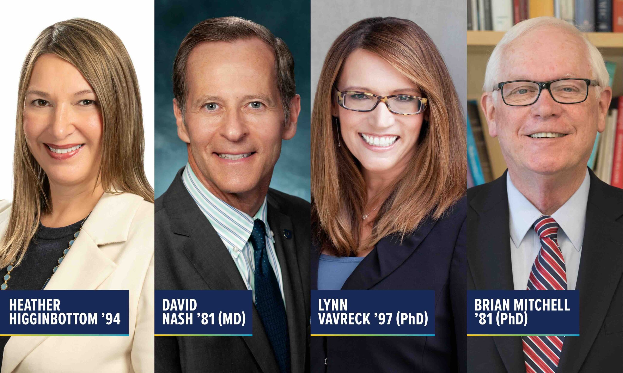 Four headshots featuring Heather Higginbottom, David Nash, Lynn Vavreck, and Brian Mitchell.