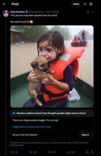 Screenshot of a tweet showing a young girl in a life vest holding a puppy during a hurricane. The tweet/X post has a disclaimer on it saying the image is AI-generated.