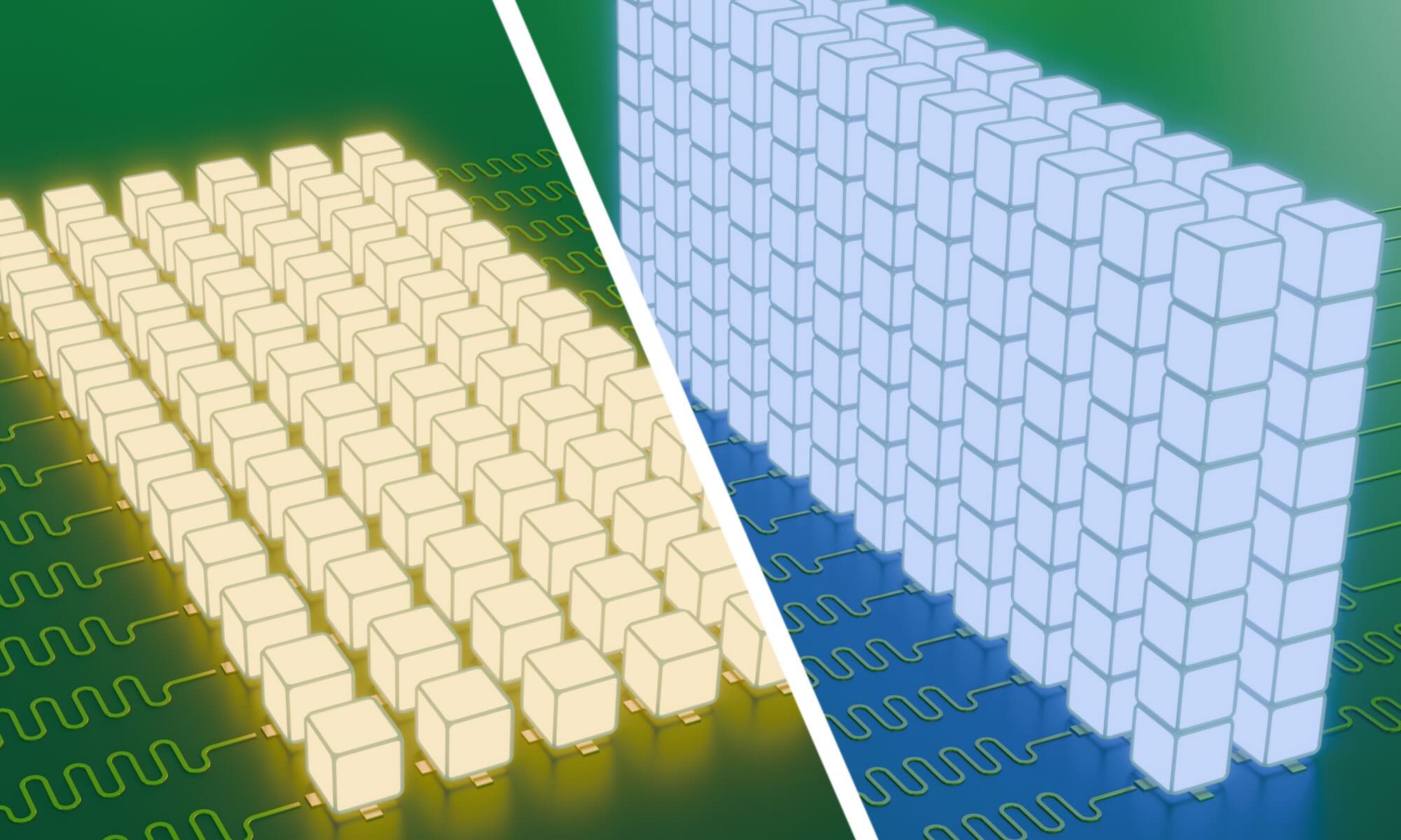 Side-by-side illustrations. The first shows yellow cubes representing qudits sprawling horizontally with circuitry nearby; the second shows blue cubes representing qudits stacked vertically atop circuitry.
