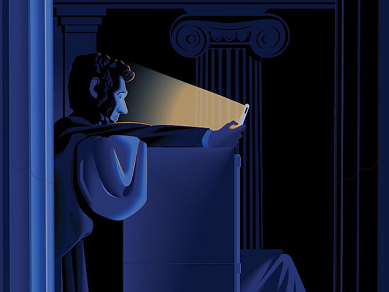 this american moment illustration of lincoln doomscrolling on phone