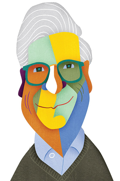 illustration of University of Rochester alumnus John Levey, a casting director for hit tv shows, in a kaleidescopic, colorful style