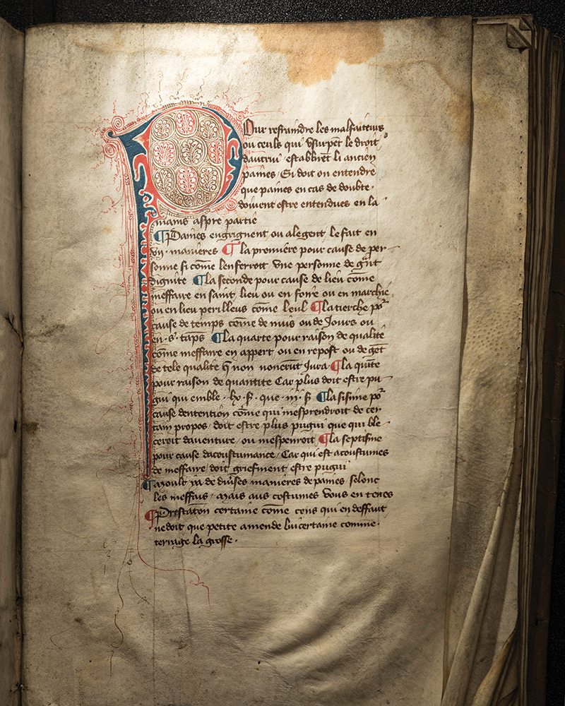 photo of illustrated medieval French legal treatise acquired by the University of Rochester