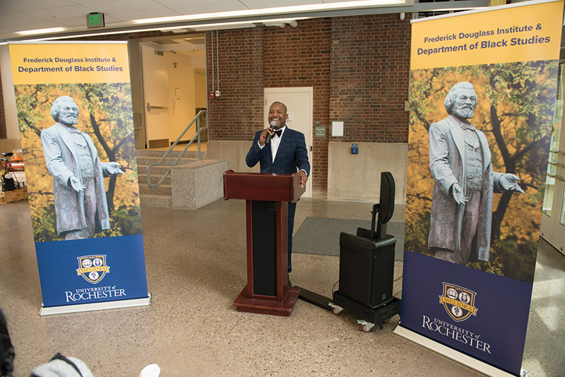 photo of University of Rochester faculty member and Frederick Douglass Institute director Jeffrey McCue at an open house to announce the creation of a Black studies major