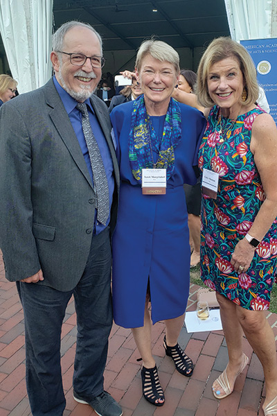 photo of University of Rochester president Sarah Mangelsdorf with alumna and trustee Cathy Minehan and chemistry professor Richard Eisenberg