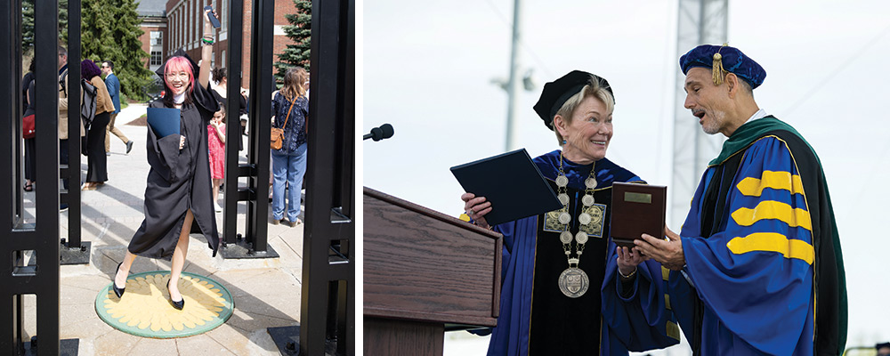 photos of President Sarah Mangelsdorf, Hutchison Medal recipient Josh Shapiro, and senior Weihong Gao at the 2023 graduation ceremony