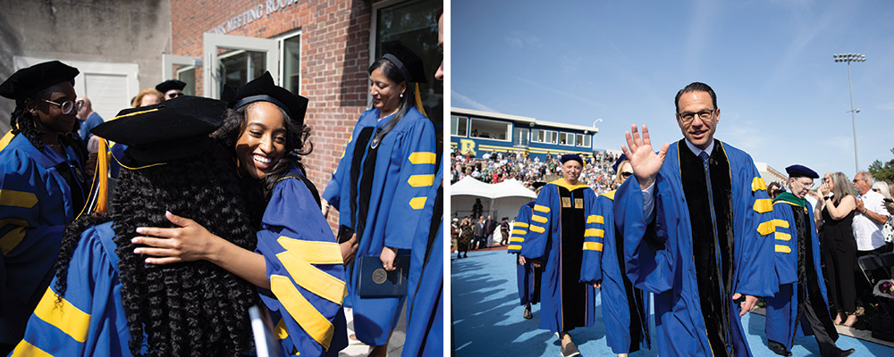 photos of Pennsylvania Governor Josh Shapiro and graduate student speaker Raven Osborn at the 2023 graduation ceremony