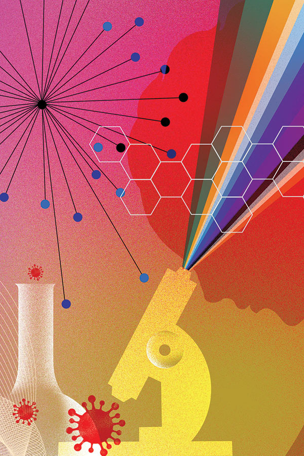 illustration of viruses, microcopes, and scientific materials related to COVID-19