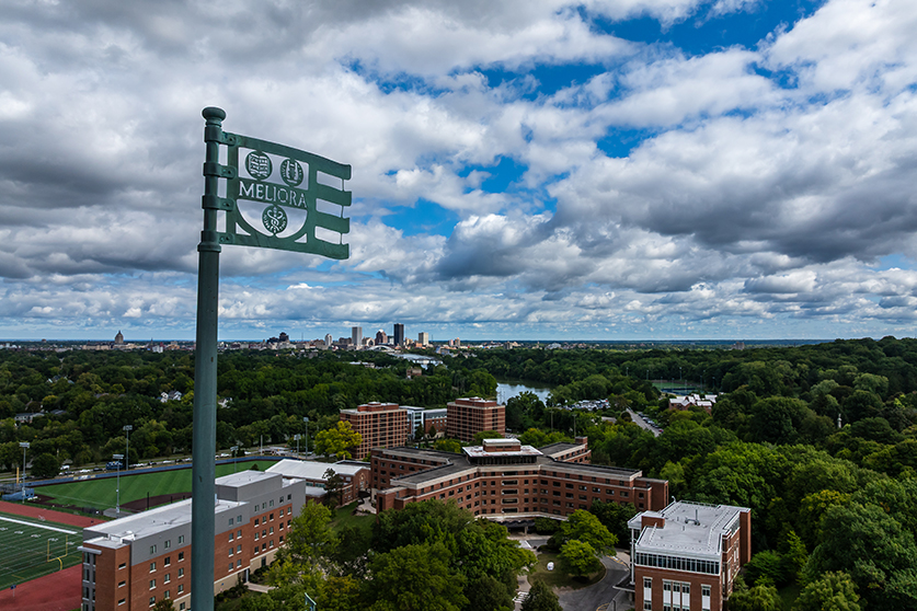An aerial view of campus taken from a drone.