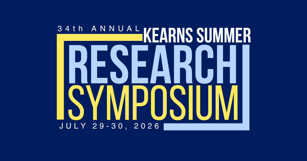 A blue and yellow graphic with the words 34th Annual Kearns Center Research Symposium.