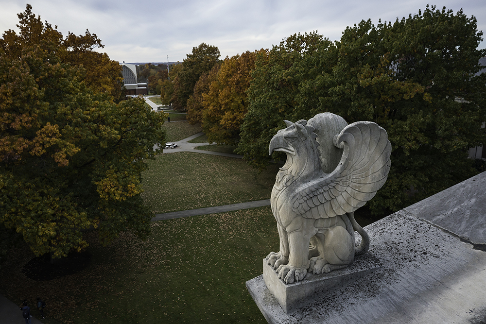 An architectural detail atop a building on the campus quad.