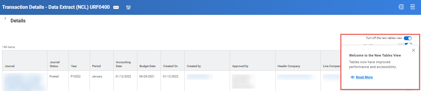 Image of the Transactions Details report showing the Tables View toggle activated in UR Financials.