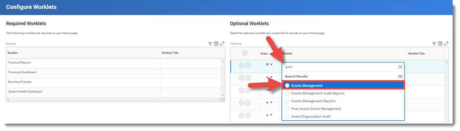 Within the Settings screen of UR Financials, add Grants Dashboard in the Optional Worklets filed.