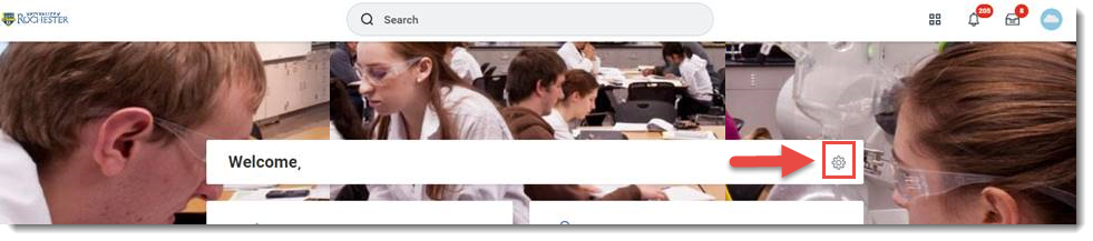 Image of UR Financials home page. Selectt he Settings (cog) icon to add Grants Dashboard