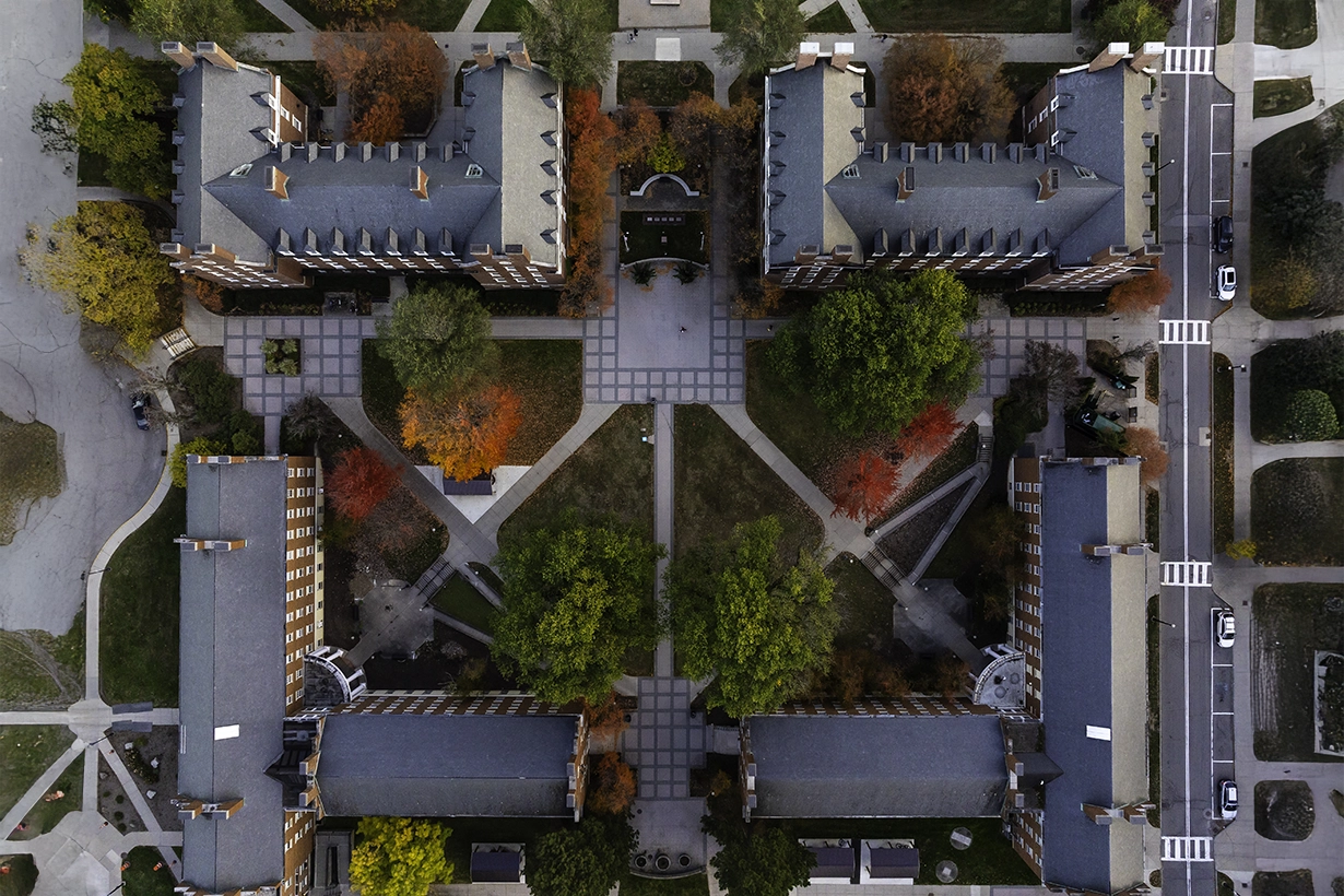 Aerial view of residential quad in Fall