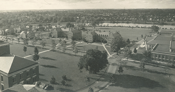 aerial view of river campus in the 1930s