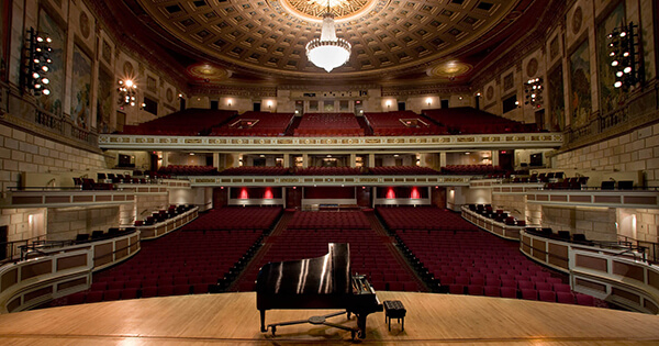 View of Kodak Hall from the stage showing the orchestraԳ view of the new boxes on the mezzanine and orchestra levels