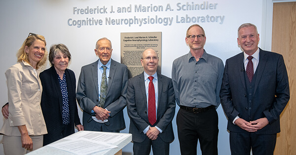 From left: Sophie Glover, Marion A. Schindler, Frederick J. Schindler ’57, Mark Taubman, MD, Ed Freedman, PhD, John Foxe, PhD